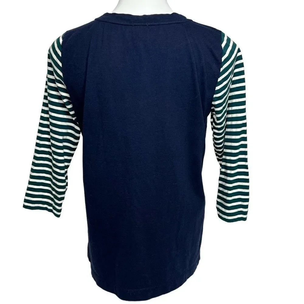 J. Crew 3/4 sleeve navy blue top with green and white striped sleeves size M